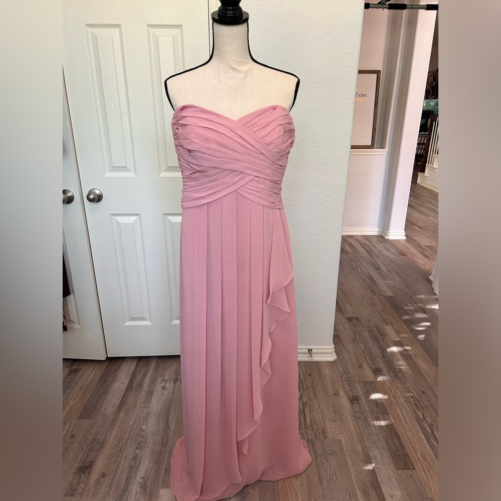 David’s Bridal Strapless Pink Crinkle Chiffon Bridesmaid Dress with Cascade